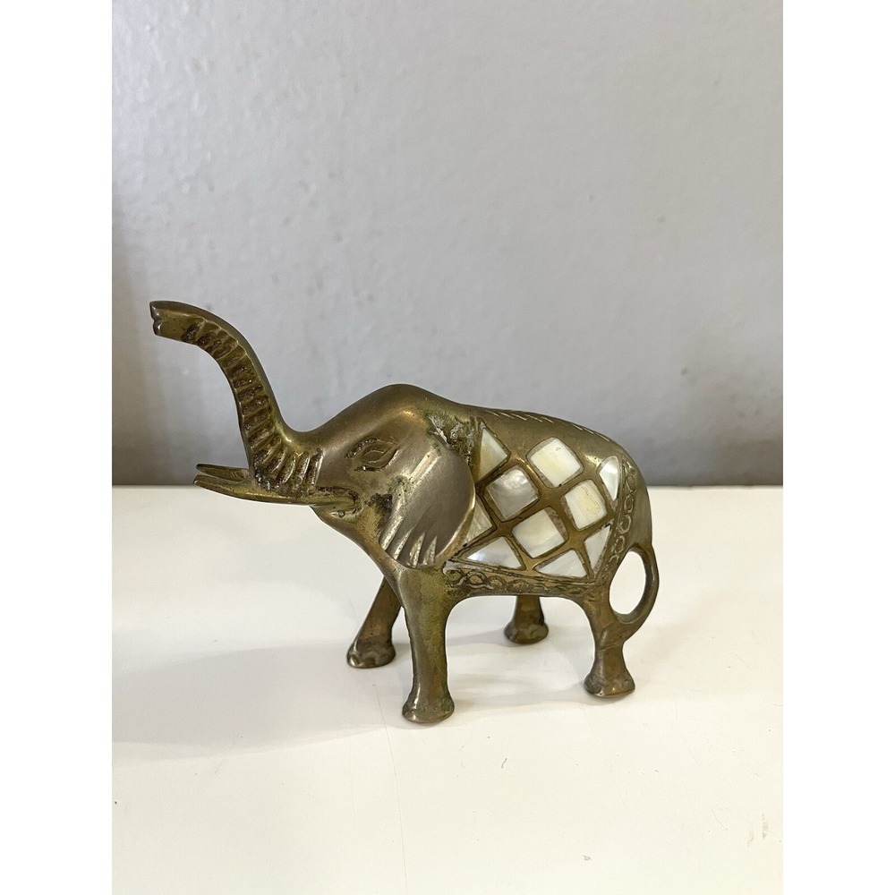 Vintage Solid‎ Brass Elephant Figurine Mother Of Pearl Inlays Made In India